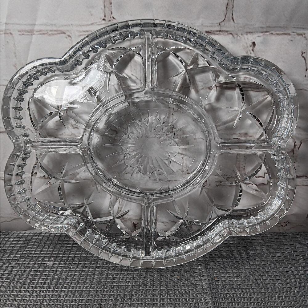 Laura Glass Tiffany Pattern 5 Section Divided‎ Crystal Platter Tray Portugal